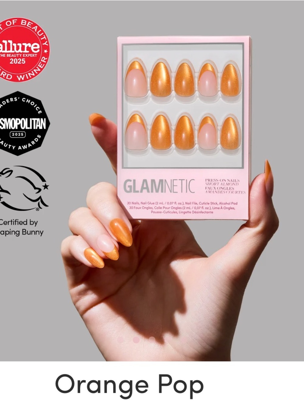 GLAMnetic Orange Pop Short Almond Press-On Nails